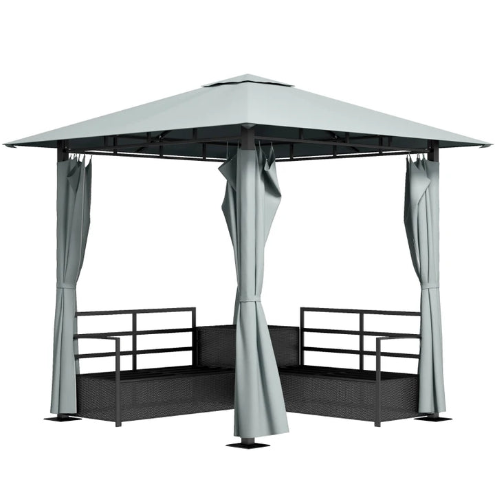 All-in-One Corner Rattan Wicker Outdoor Sofa Set & Patio Gazebo w Canopy, Curtains, Black, Grey