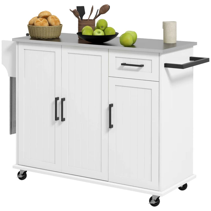 Modern Rolling Kitchen Island Extra Storage Cart Cabinet Sideboard, Stainless Steel Top, White