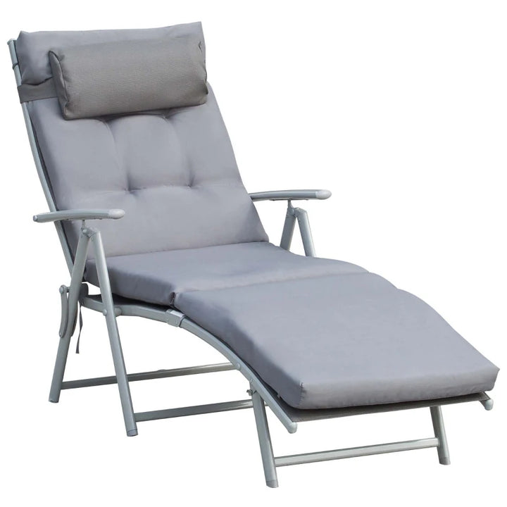 7-Position Folding Reclining Sun Lounger Tanning Lawn Chair w Cushion, Outdoor Patio Pool, Grey