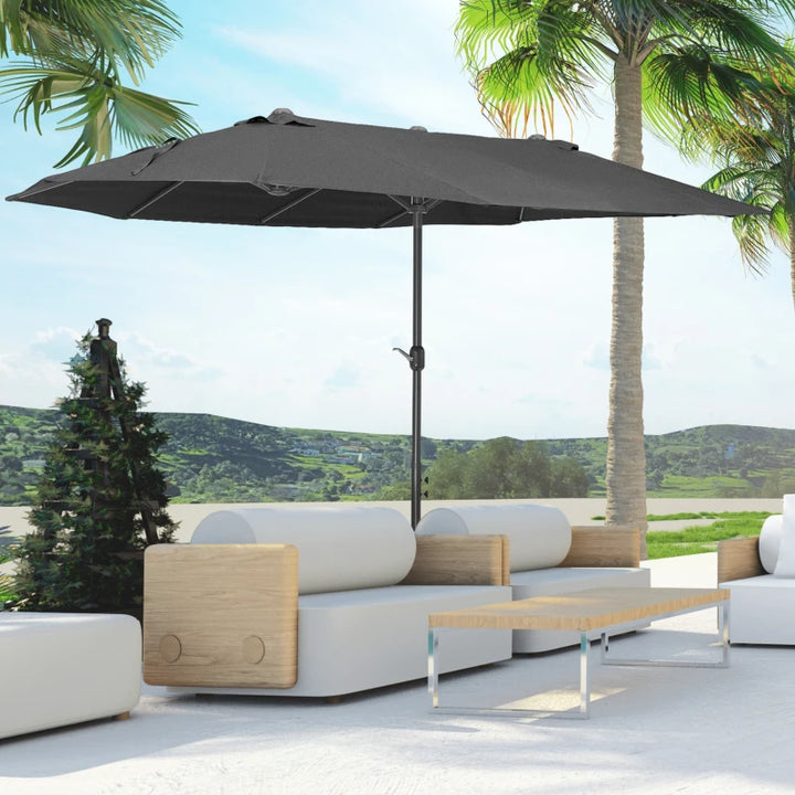 15ft Double Twin Canopy Patio Outdoor Deck Umbrella Shade Shelter w UV Protection Crank, Black