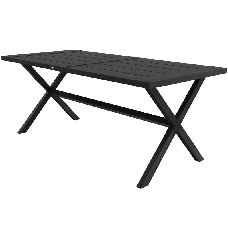 71" x 31.5" Sleek Outdoor Patio Dining Table w X-Base, Aluminum, Woodgrain Effect, Black