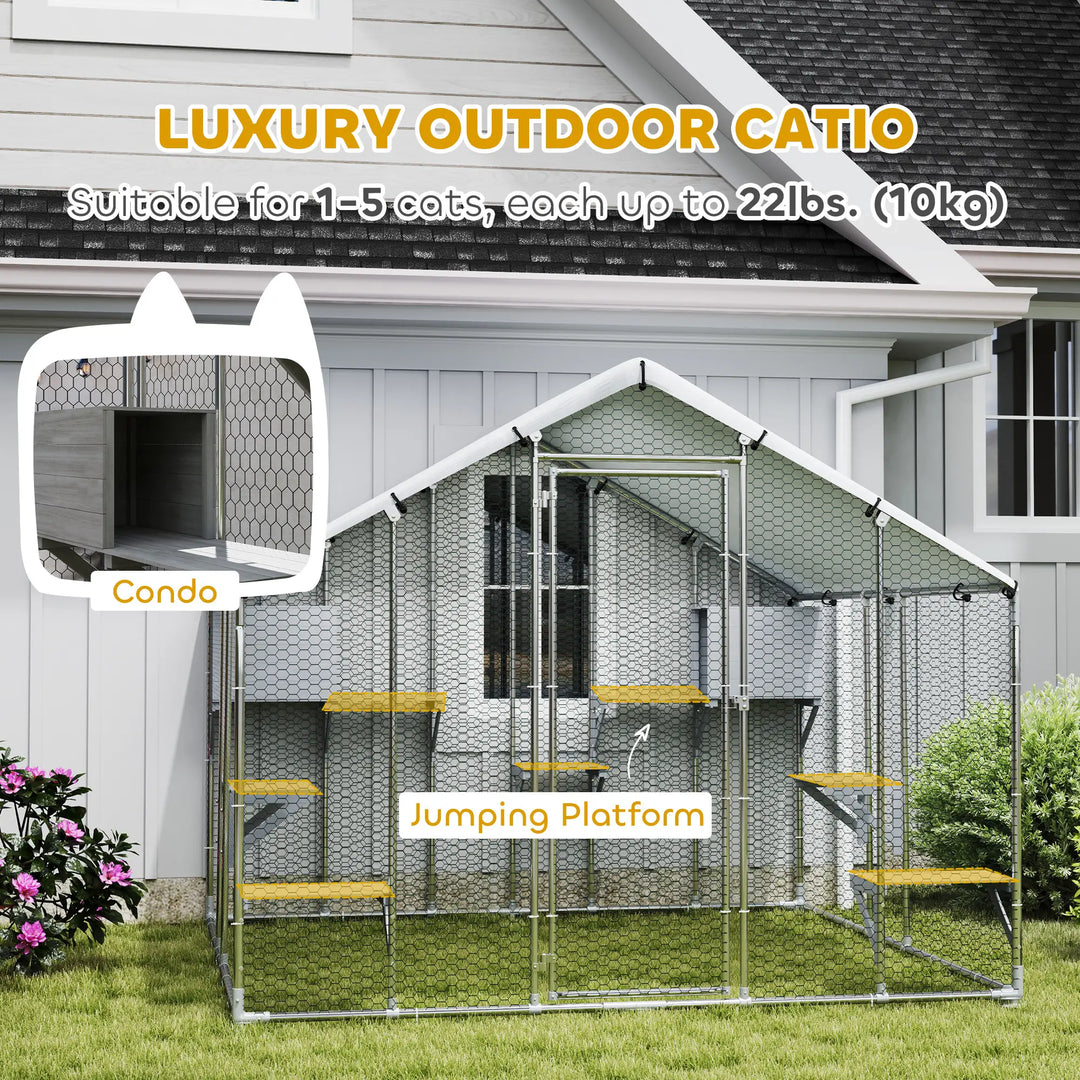 Large Catio Fence Enclosure Outdoor Shelter w Waterproof Roof Shade for Cats, Chickens, Rabbits