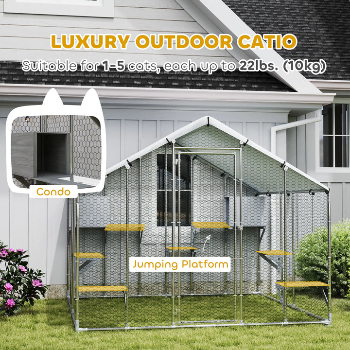 Large Catio Fence Enclosure Outdoor Shelter w Waterproof Roof Shade for Cats, Chickens, Rabbits