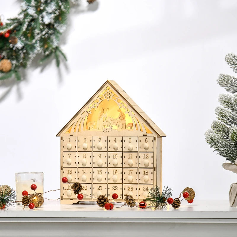 Light-Up Wooden Christmas Advent Calendar w 24 Drawers Holiday Xmas, Bible Nativity Manger Baby