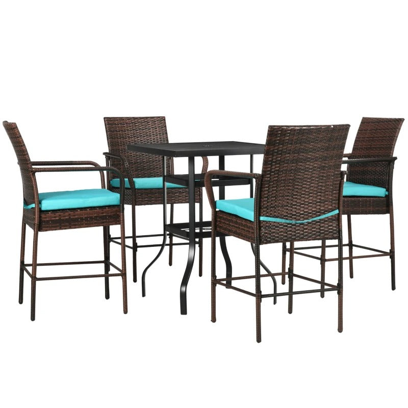 5pc PE Rattan Wicker Bistro Dining Bar Patio Set Table, 4 Chairs, Cushions - Brown, Turquoise