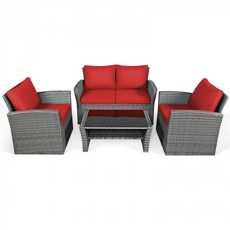 4pc PE Rattan Wicker Furniture Set w Loveseat, Armchairs, Cushions for Outdoor Patio, Grey, Red