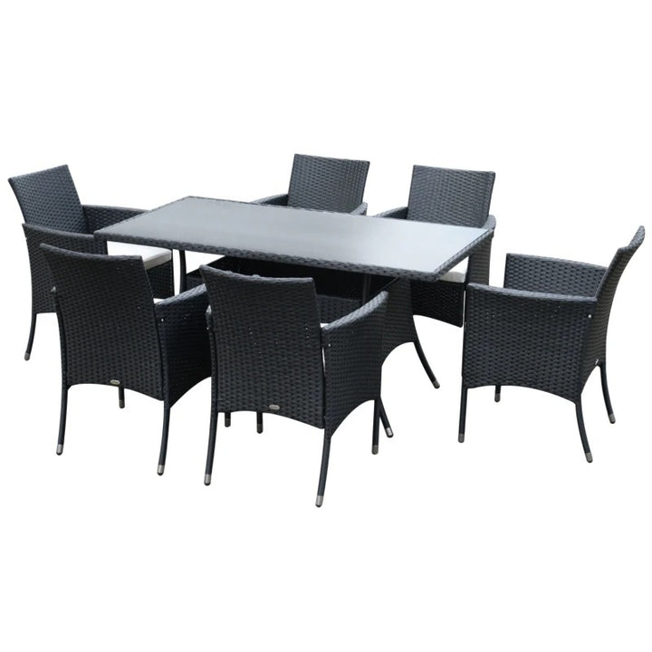 7pc PE Rattan Wicker Dining Set w 6 Chairs & Glass Table Top, Outdoor Patio, Black, Cream Beige