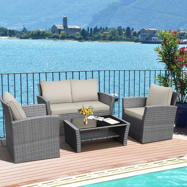 4pc PE Rattan Wicker Furniture Set w Loveseat Armchairs Cushions, Outdoor Patio, Grey, Cream Beige