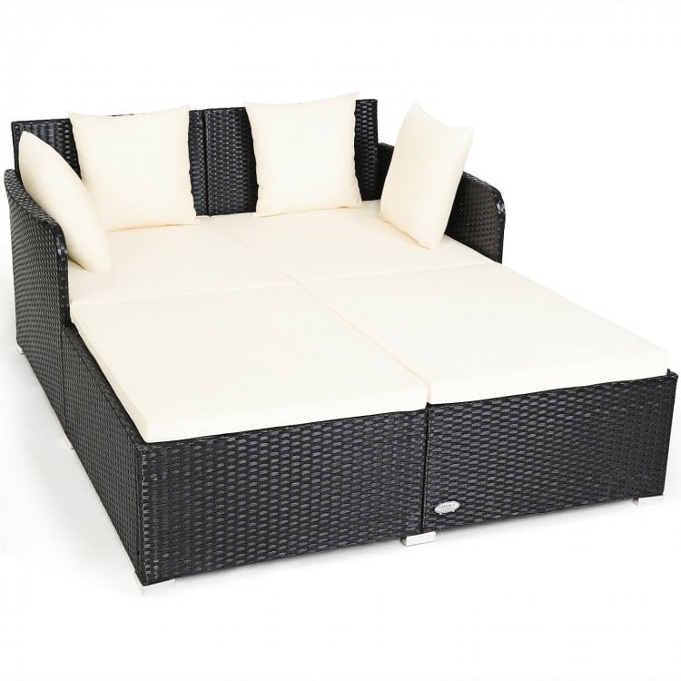 Double Rattan Wicker Daybed Sun Lounger Sofa Chaise w Cushions, Outdoor Patio, Cream White, Black