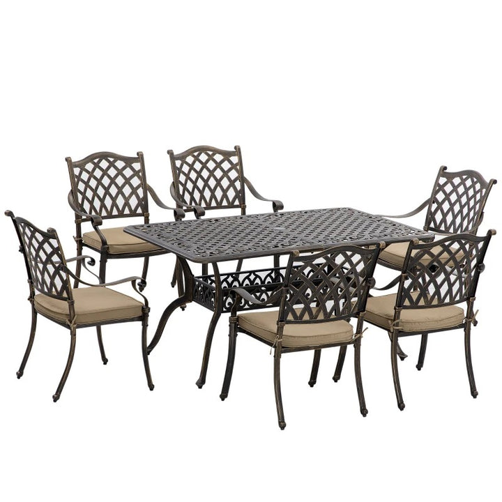 7pc Cast Aluminum Dining Table Set w 6 Chairs, Cushions for Outdoor Patio - Bronze Brown, Beige