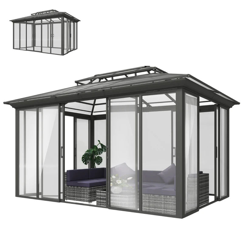 Hardtop Gazebo 10' x 14' Sun Room With Double Sliding Doors - Weatherproof Outdoor Patio Shelter