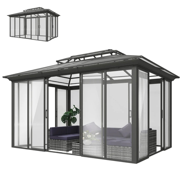 Hardtop Gazebo 10' x 14' Sun Room With Double Sliding Doors - Weatherproof Outdoor Patio Shelter