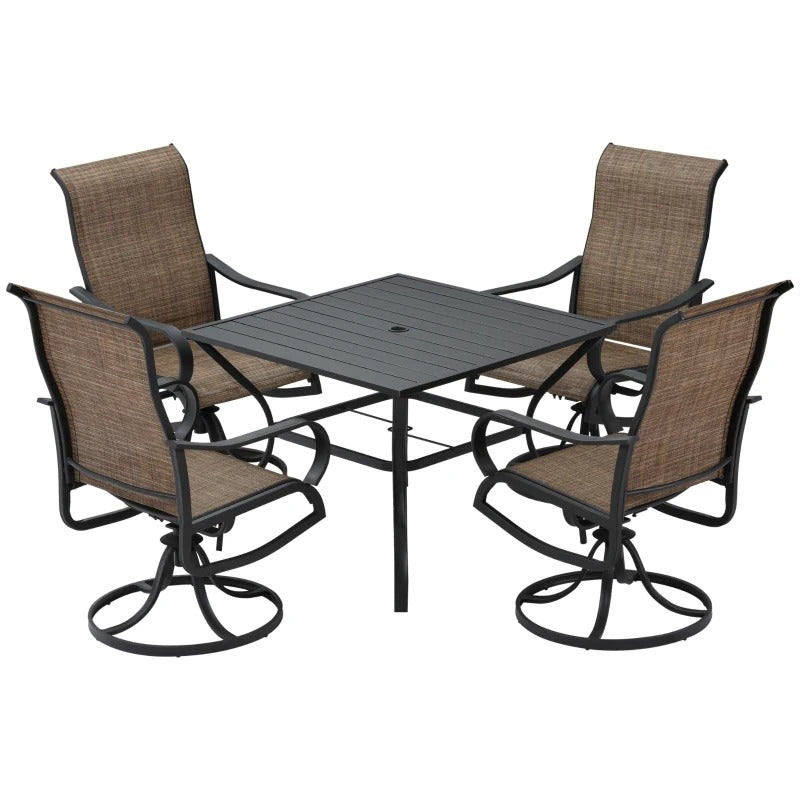 5pc Steel Bistro Dining Table w 4 High-Back Swivel Rocking Chairs, Outdoor Patio, Black, Brown