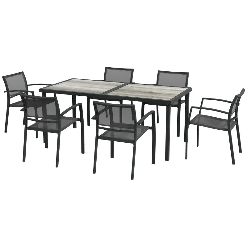 7pc, 6 Seat Outdoor Patio Dining Set w Wood Grain Table Mesh Stackable Chairs - Black, Grey