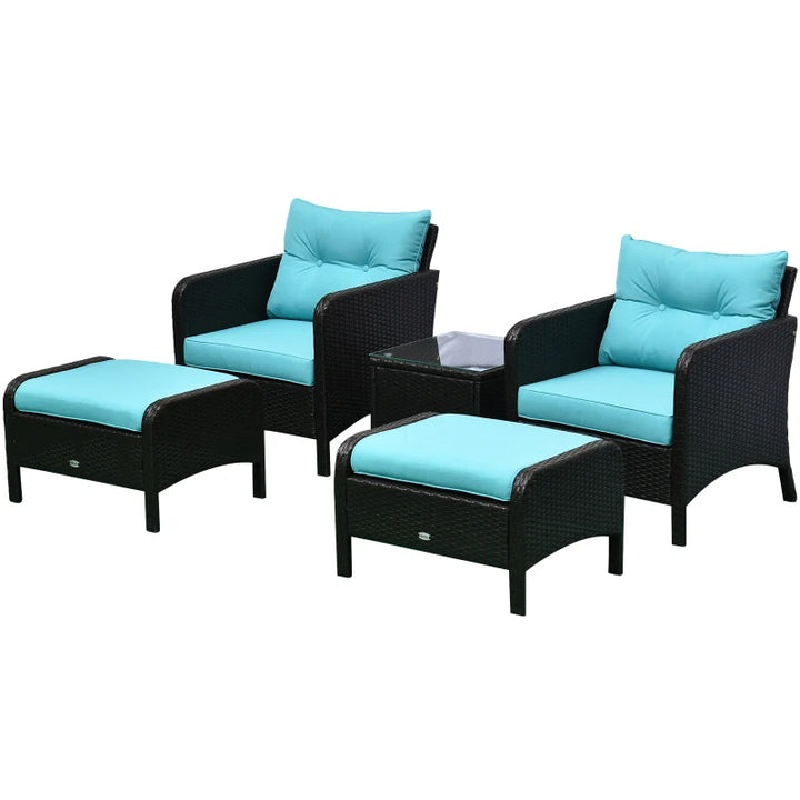 5pc PE Rattan Wicker Conversation Patio Set w Armchairs, Cushions, Footstools, Brown, Aqua Blue