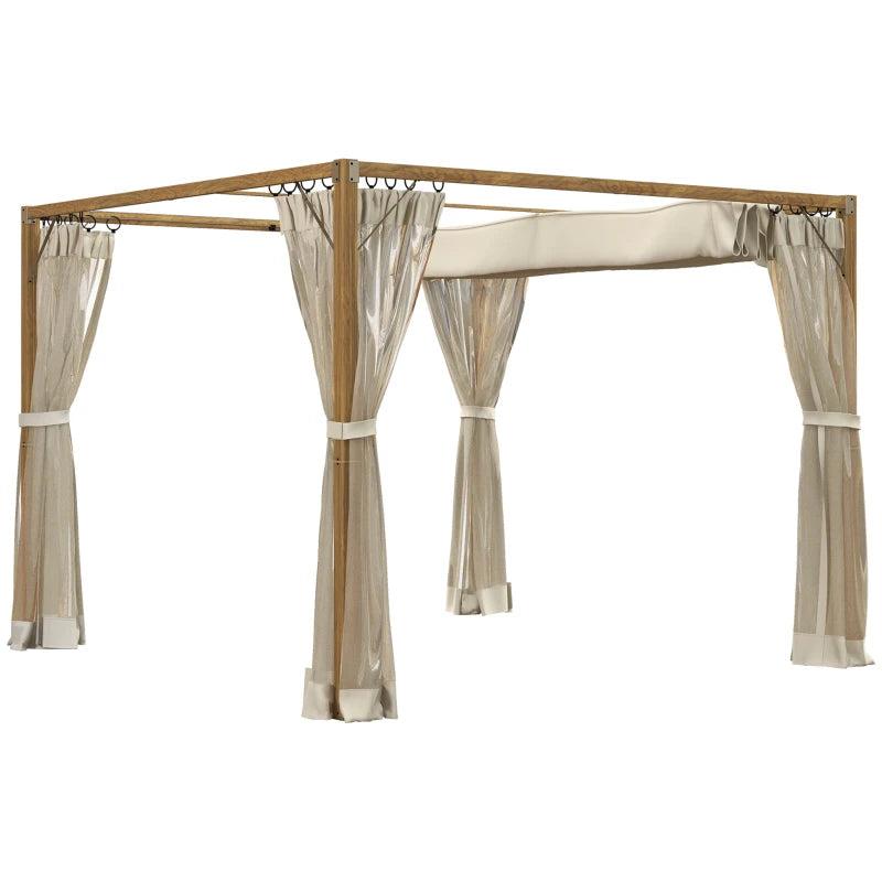 10' x 10' Wooden Pergola Gazebo w Retractable Canopy Roof & Mesh Net Curtains - Natural, Cream