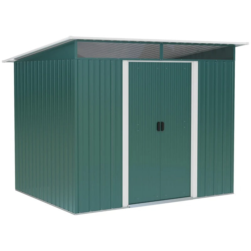 8.5' x 6' Outdoor Metal Storage Shed Organizer w/ Double Doors, Drainage for Patio - Dk Green