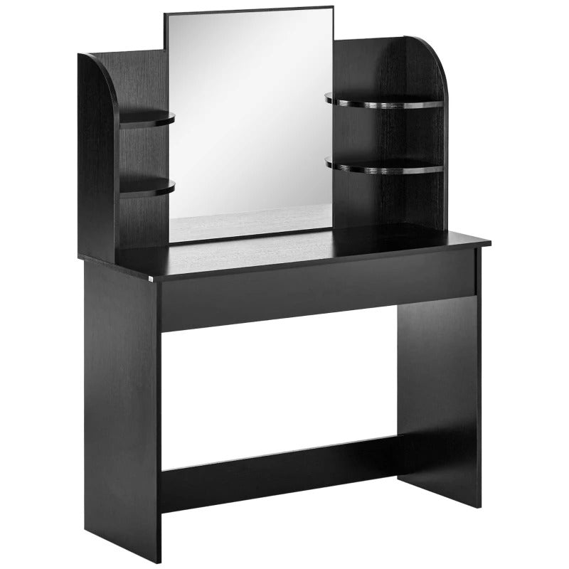 Modern Sleek Vanity Makeup Bedroom Dressing Room Table w/ Mirror, Open Shelf - Black