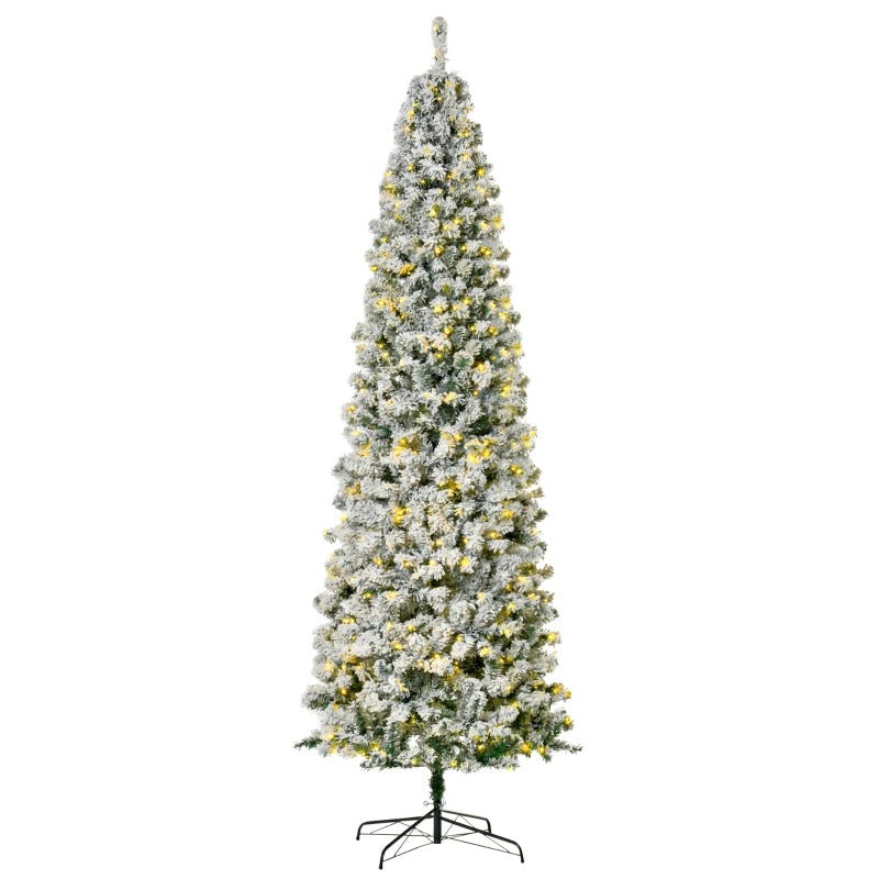 9ft 988-Tip Pre-lit Snow Flocked Slim Pencil Artificial Christmas Holiday Tree 550 Lights Green