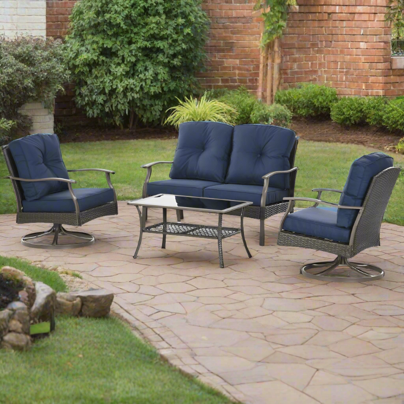 4pc PE Rattan Wicker Conversation Furniture Set w/ Swivel Chairs, Cushions, Outdoor Patio, Blue