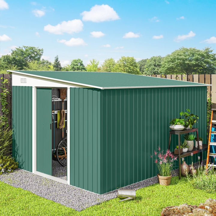 Steel Garden Storage Shed 11' x 9' - Durable Outdoor Tool House with Double Sliding Doors