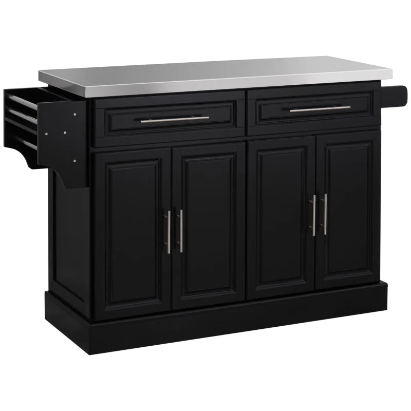 Large Rolling Kitchen Island Storage Cart Cabinet Dining Sideboard w Stainless Steel Top, Black