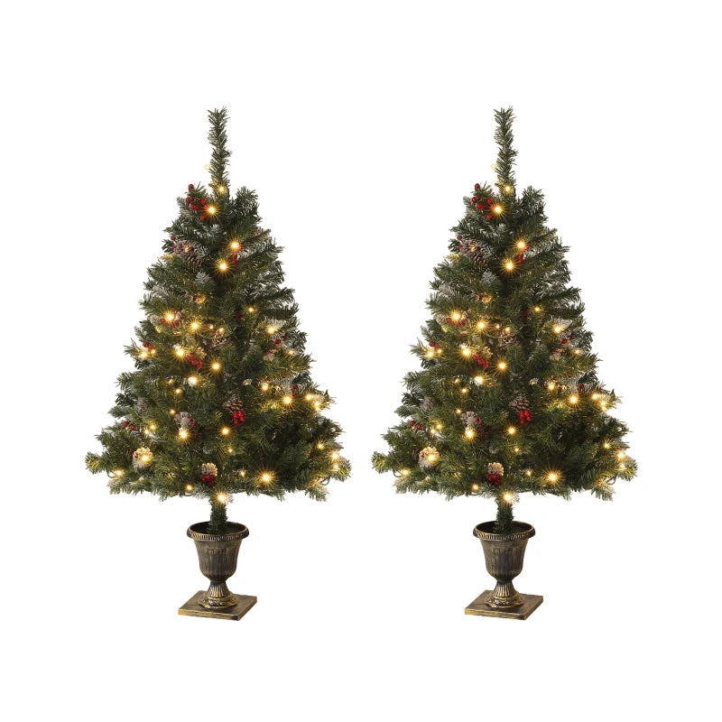 NEW 2pc 4ft Prelit Snowy Artificial Christmas Holiday Tree w Planter Stand, Pinecones Berries Green