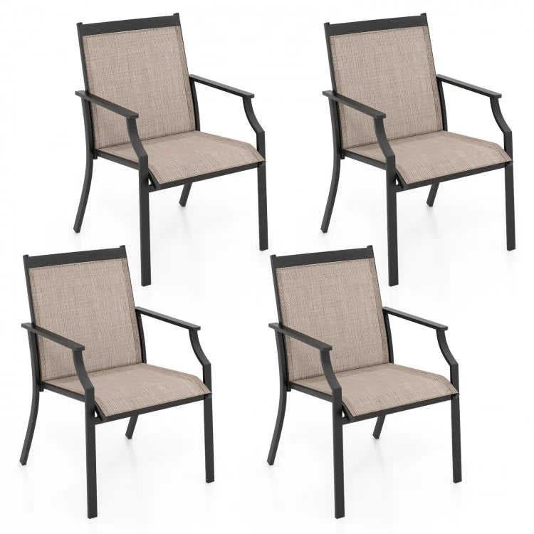 Set of 4 Patio Dining Lounge Chairs, Breathable Mesh & Metal for Outdoor Lawn Garden, Beige Brown