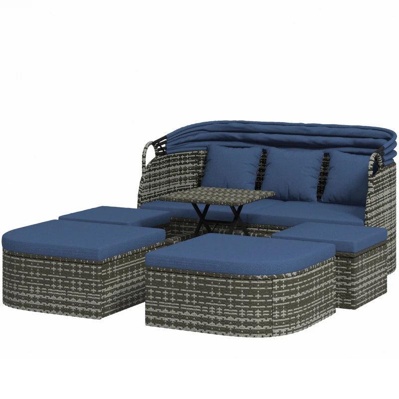 6pc PE Rattan Wicker Outdoor Canopy Daybed Chaise Patio Sectional Conversation Set, Grey, Blue