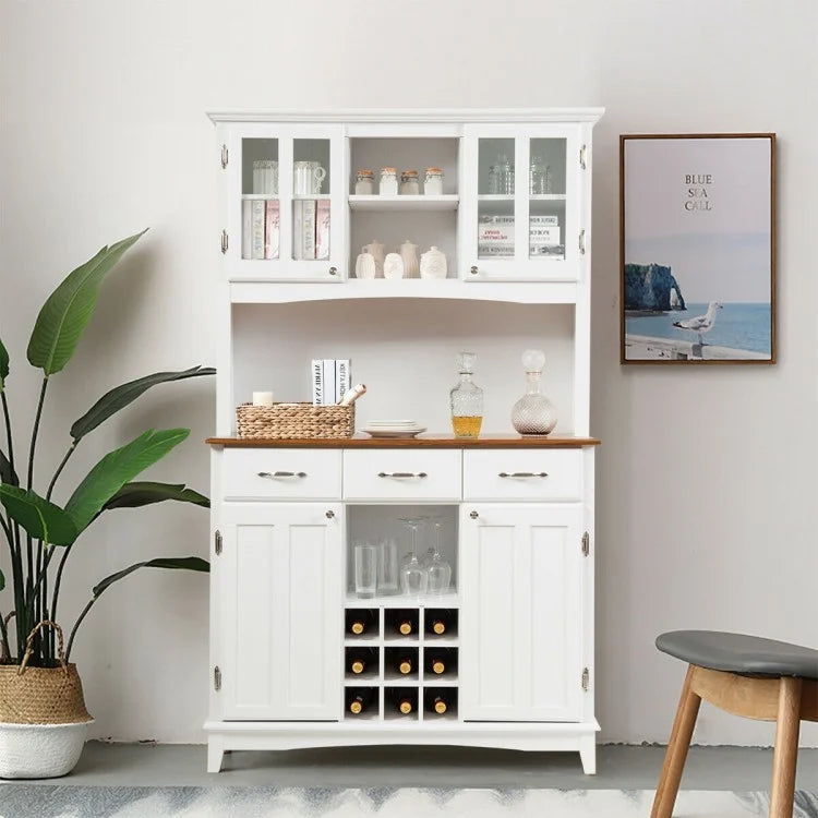 Classic Kitchen Dining Pantry Hutch Storage Cabinet w Wine Rack, Shelves, Counter, White, Woodgrain