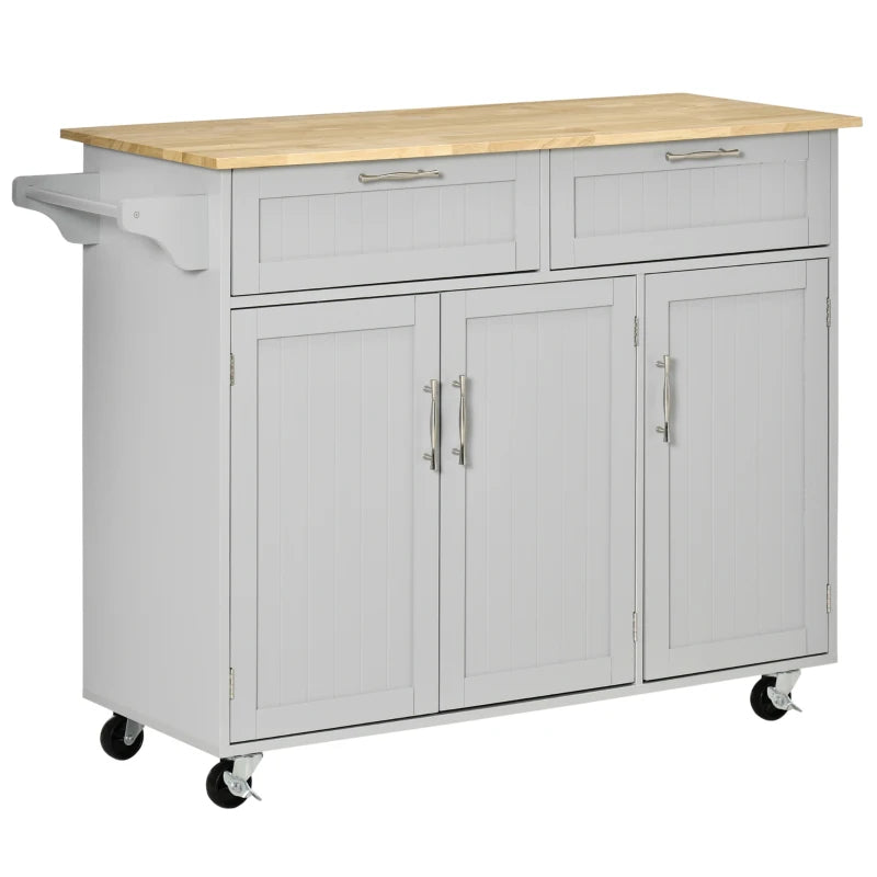 Modern Rolling Kitchen Island Storage Cart Cabinet Sideboard w Drawers, Natural Wood Top, Grey