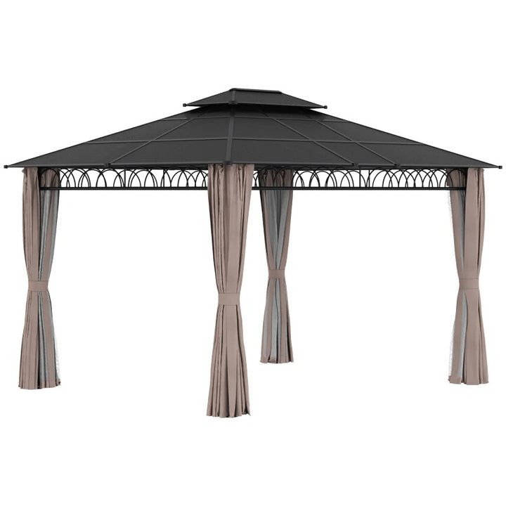 12' x 10' Tiered PC Hardtop Aluminum Frame Gazebo Canopy Shelter w Curtains, Mesh, Black, Beige