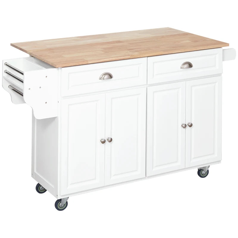 Rolling Kitchen Island Cart w Drop-leaf Dining Countertop Bar, Storage Cabinet, Wood Top, White