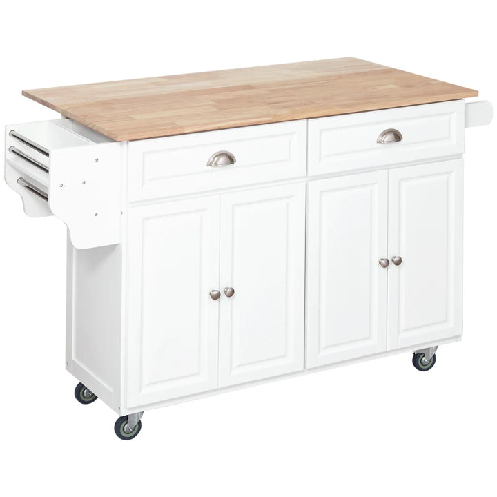 Rolling Kitchen Island Cart w Drop-leaf Dining Countertop Bar, Storage Cabinet, Wood Top, White