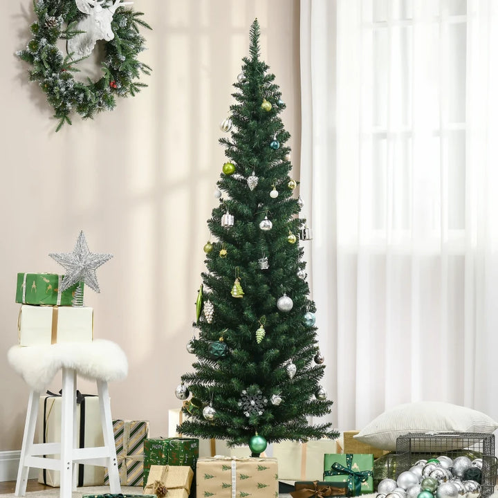 NEW 6ft 390-Tip Unlit Slim Pencil Artificial Christmas Holiday Xmas Tree Decor w Base, Green