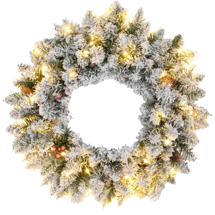 24” Prelit Snow Flocked Artificial Christmas Holiday Wreath w Lights, Berries Pine Cones, Green