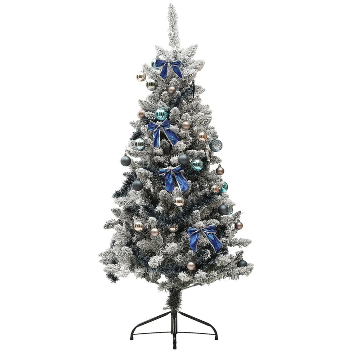 NEW 5ft 472-Tip Prelit Flocked Artificial Tree w 130 LEDs Christmas Holiday, Green w Blue Ornaments