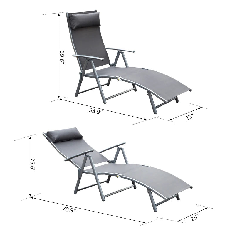 Folding Deck / Patio Sun Lounger w/ Neck Pillow - Grey
