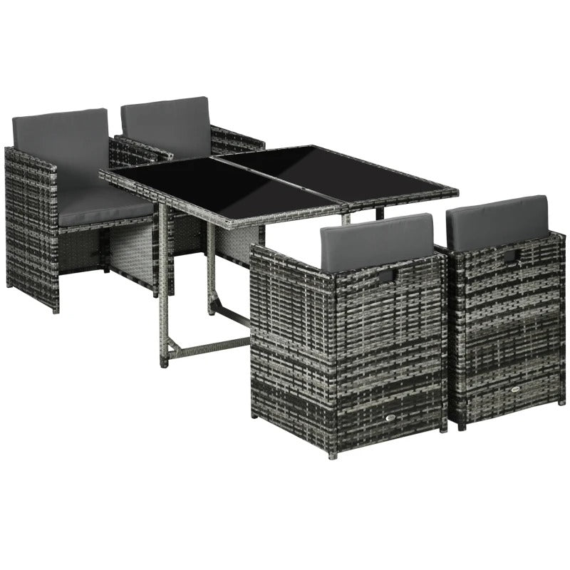 5pc Compact PE Rattan Wicker Dining Table Set w Cushions for Outdoor Patio - Black,  Mixed Grey