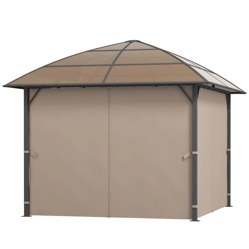 10' x 10' PC Aluminum Hardtop / Steel Frame Gazebo Canopy Outdoor Shade Patio, Curtains, Brown