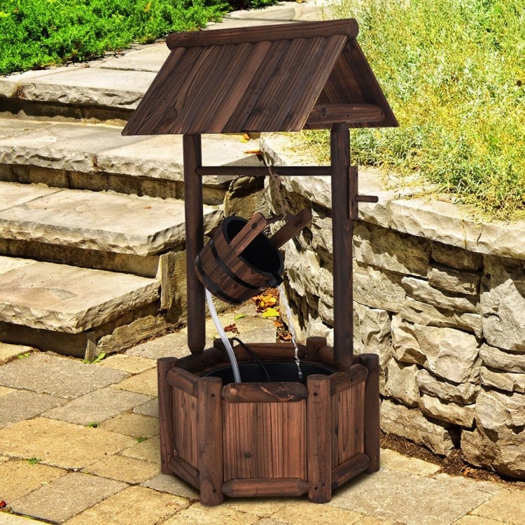 4 ft Rustic Wishing Well Fountain w Electric Pump for Outdoor Garden Yard Decor - Stained Wood