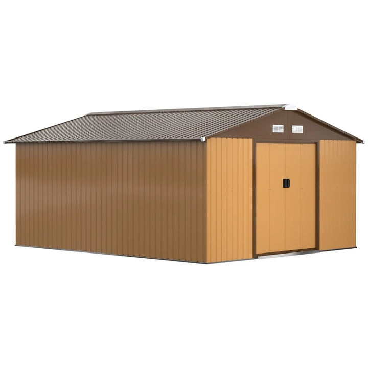 11.2 x 12.6 x 6.5’ Large Galv Steel Outdoor Storage Tool Work Shed Garden Backyard, Gold Brown