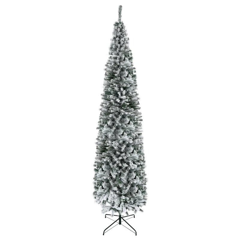 9ft 1014-Tip Unlit Snow Flocked Slim Artificial Pencil Christmas Holiday Xmas Tree, Green