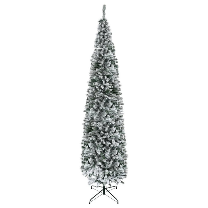 9ft 1014-Tip Unlit Snow Flocked Slim Artificial Pencil Christmas Holiday Xmas Tree, Green