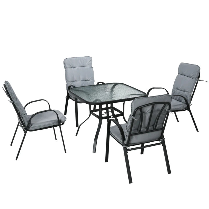 5pc, 4 Seat Outdoor Patio Dining Set w Tempered Glass Table, Chairs, Cushions - Black, Grey