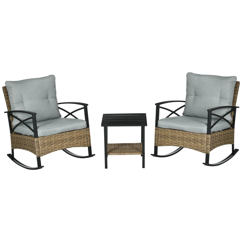 3pc PE Rattan Wicker & Metal Rocking Patio Bistro Set w Armchairs, Table, Cushions, Brown, Grey