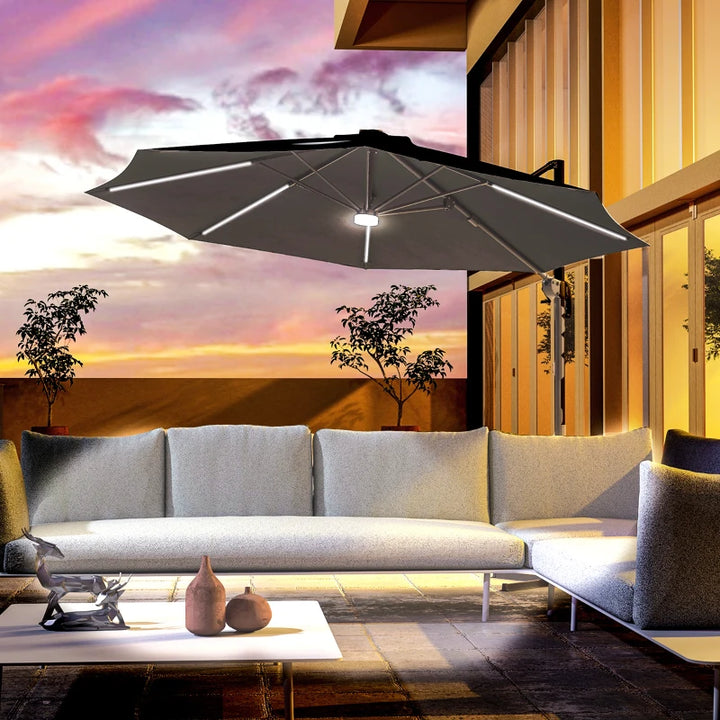 10ft Offset LED Tilt Umbrella Cantilever Canopy Outdoor Patio, Solar Light, Cross Base, Dk Grey