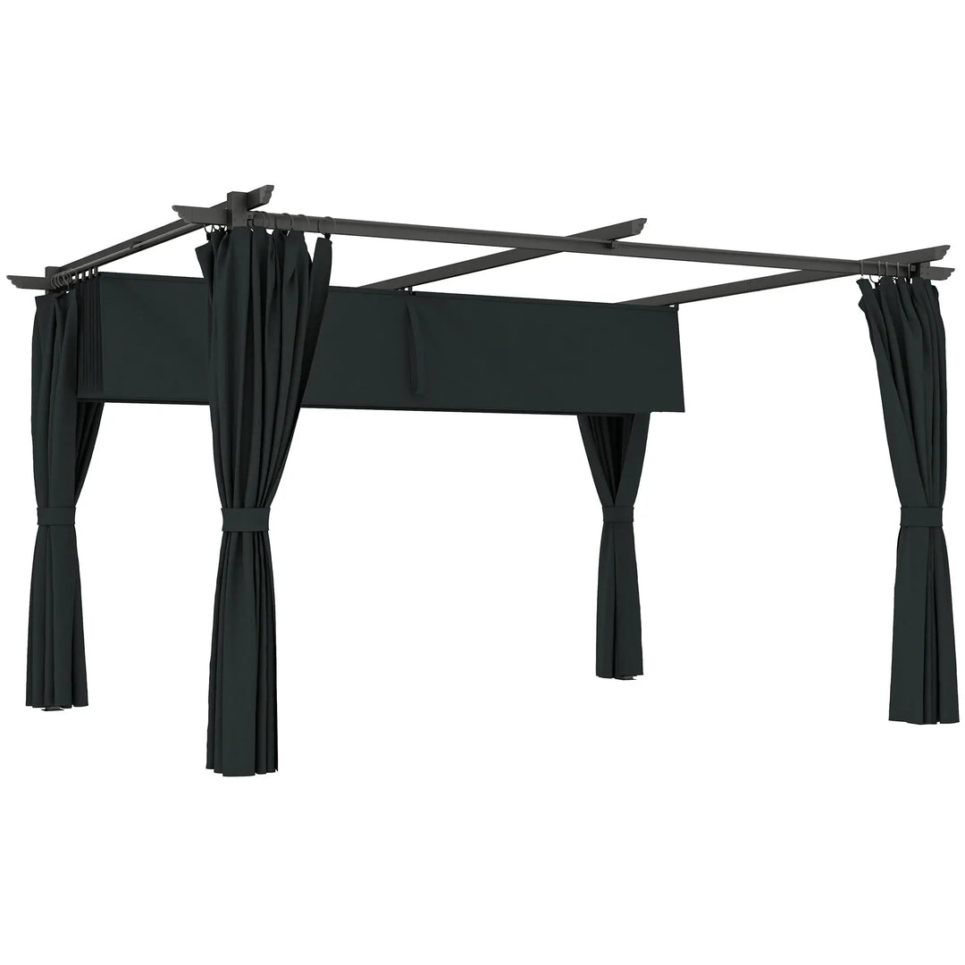 13' x 10' Aluminum Metal Pergola Gazebo Patio Shelter w Retractable Canopy Roof, Curtains, Dk Grey