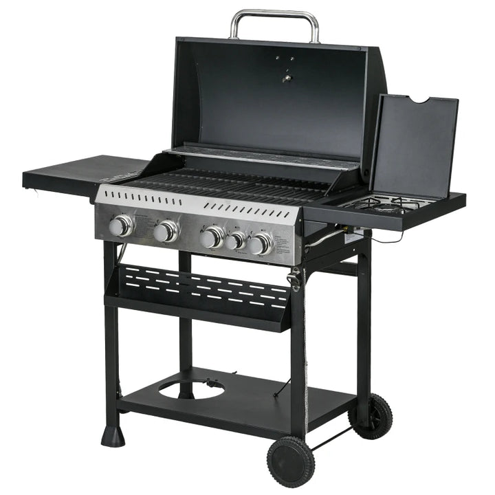 40,000 BTU Propane Gas BBQ Grill w/ 5 Burners, Warming Rack, Prep Tables for Patio Deck - Black