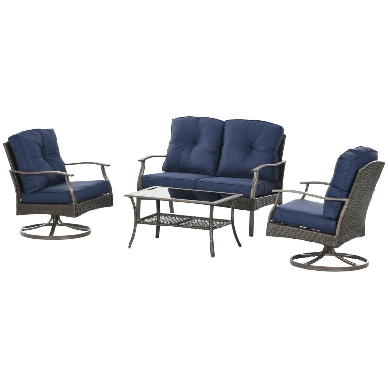 4pc PE Rattan Wicker Conversation Furniture Set w/ Swivel Chairs, Cushions, Outdoor Patio, Blue